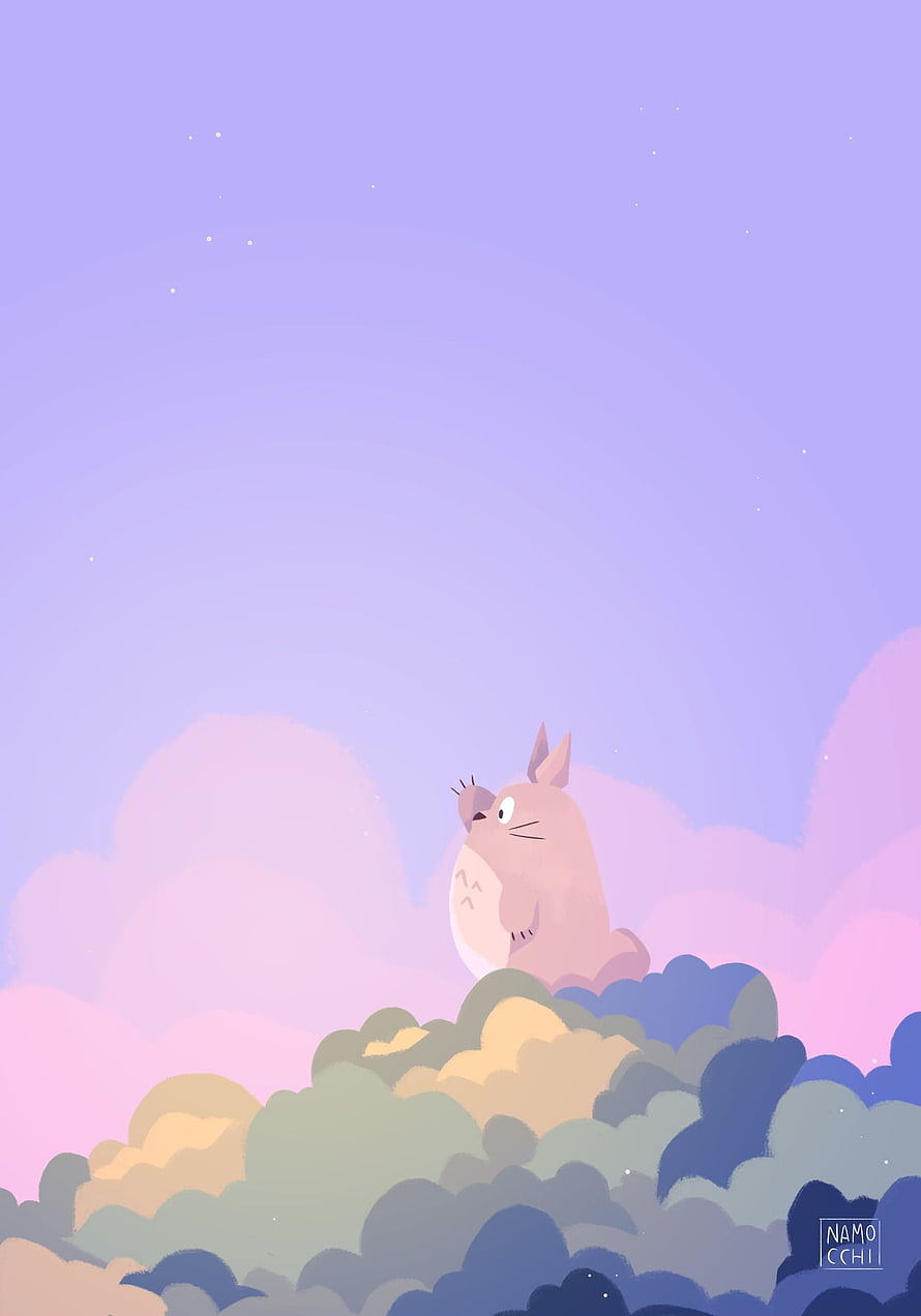 Totoro Sitting on Clouds Under a Starry Purple Sky HD phone wallpaper