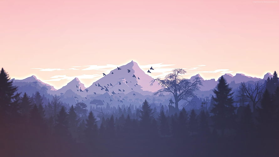 Serene Mountain Landscape at Dawn with Pine Forest and Flying Birds HD wallpaper