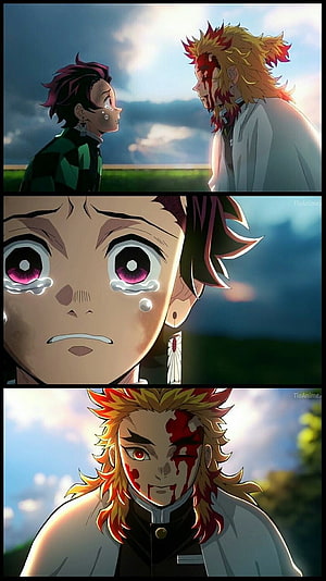Demon Slayer: Tanjiro and Rengoku in an Emotional Mugen Train Scene HD phone wallpaper