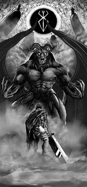 Guts vs Behelit Dragon Berserk Black and White Fantasy Illustration HD phone wallpaper
