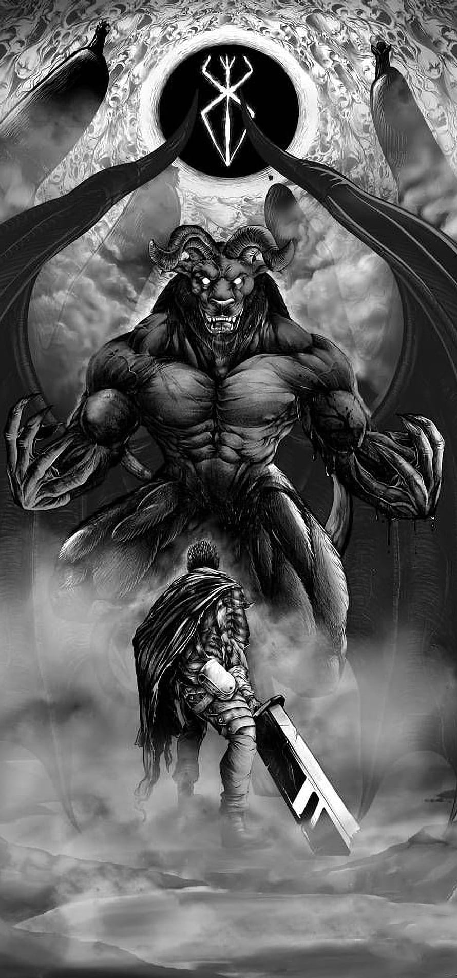Guts vs Behelit Dragon Berserk Black and White Fantasy Illustration HD phone wallpaper