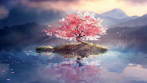 Serene Fantasy Landscape With A Blooming Pink Tree On A Misty Island HD wallpaper