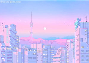 Seoul Cityscape at Sunset with N Seoul Tower in Pastel Vaporwave Style HD wallpaper