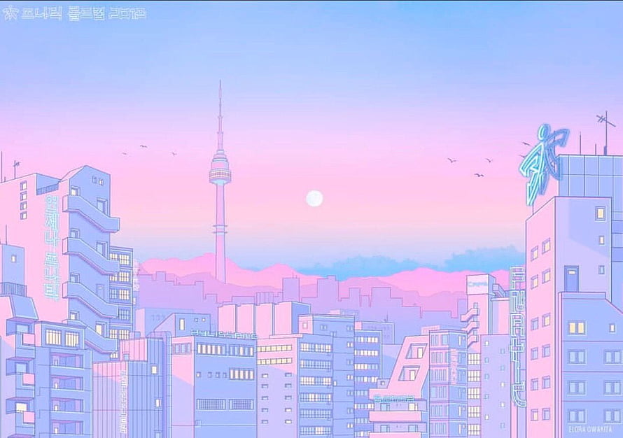 Seoul Cityscape at Sunset with N Seoul Tower in Pastel Vaporwave Style HD wallpaper