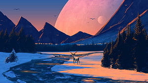 Lone Deer Standing on Frozen River Under Giant Pink Planet and Snowy Mountains HD wallpaper