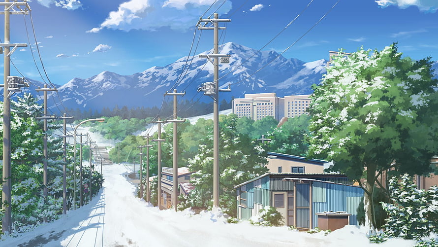 Snowy Japanese Townscape with Snow-Capped Mountains and Power Lines in Anime Style HD wallpaper