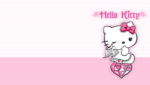 Cute Hello Kitty Sitting on Pink Diamond Heart with Bow and Wings HD wallpaper