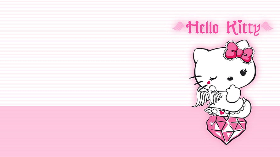 Cute Hello Kitty Sitting on Pink Diamond Heart with Bow and Wings HD wallpaper