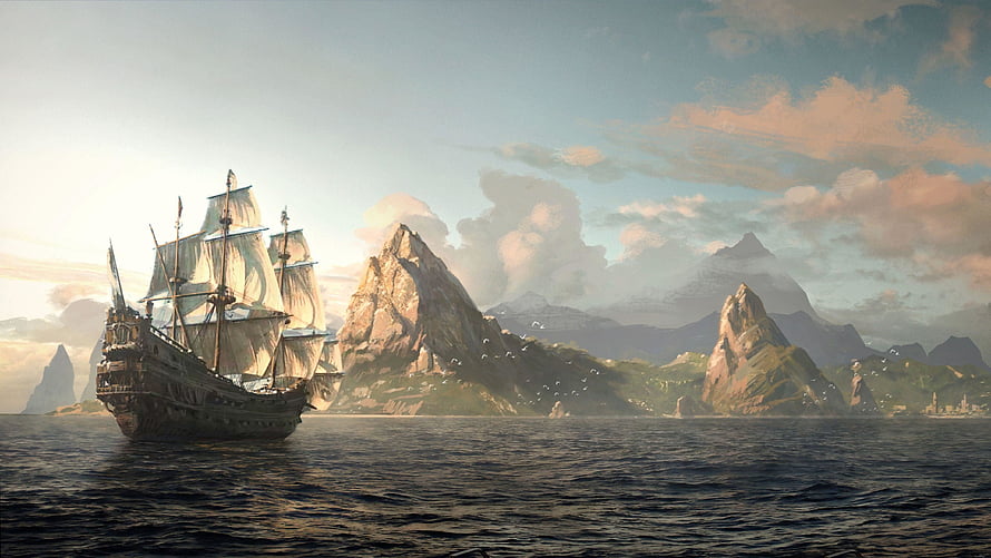 Sailboat Sailing Past Rocky Islands and Mountains at Sunset HD wallpaper