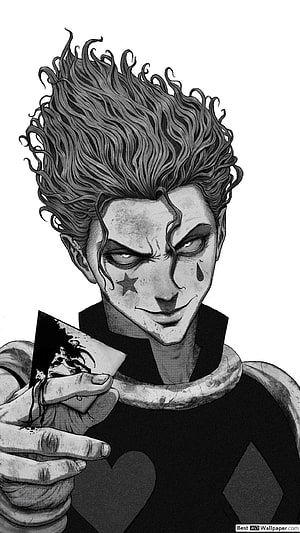 Hisoka from Hunter x Hunter in Black and White Manga Style Holding Playing Cards HD phone wallpaper
