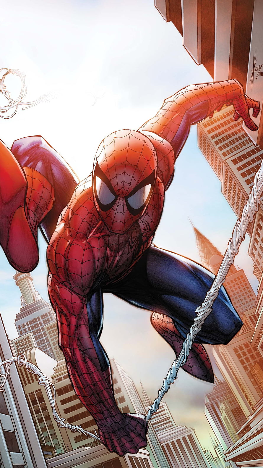 Spider-Man swinging through city skyscrapers in classic red and blue suit comic art, Spiderman Comic, Spiderman Comic Marvel HD phone wallpaper