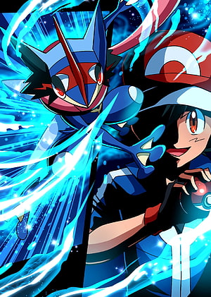 Pokemon Trainer and Darkrai Anime Style Wallpaper with Blue Energy Effects HD phone wallpaper