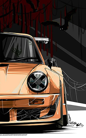 Halloween Porsche 911 Digital Art with Bats and Cobwebs HD phone wallpaper