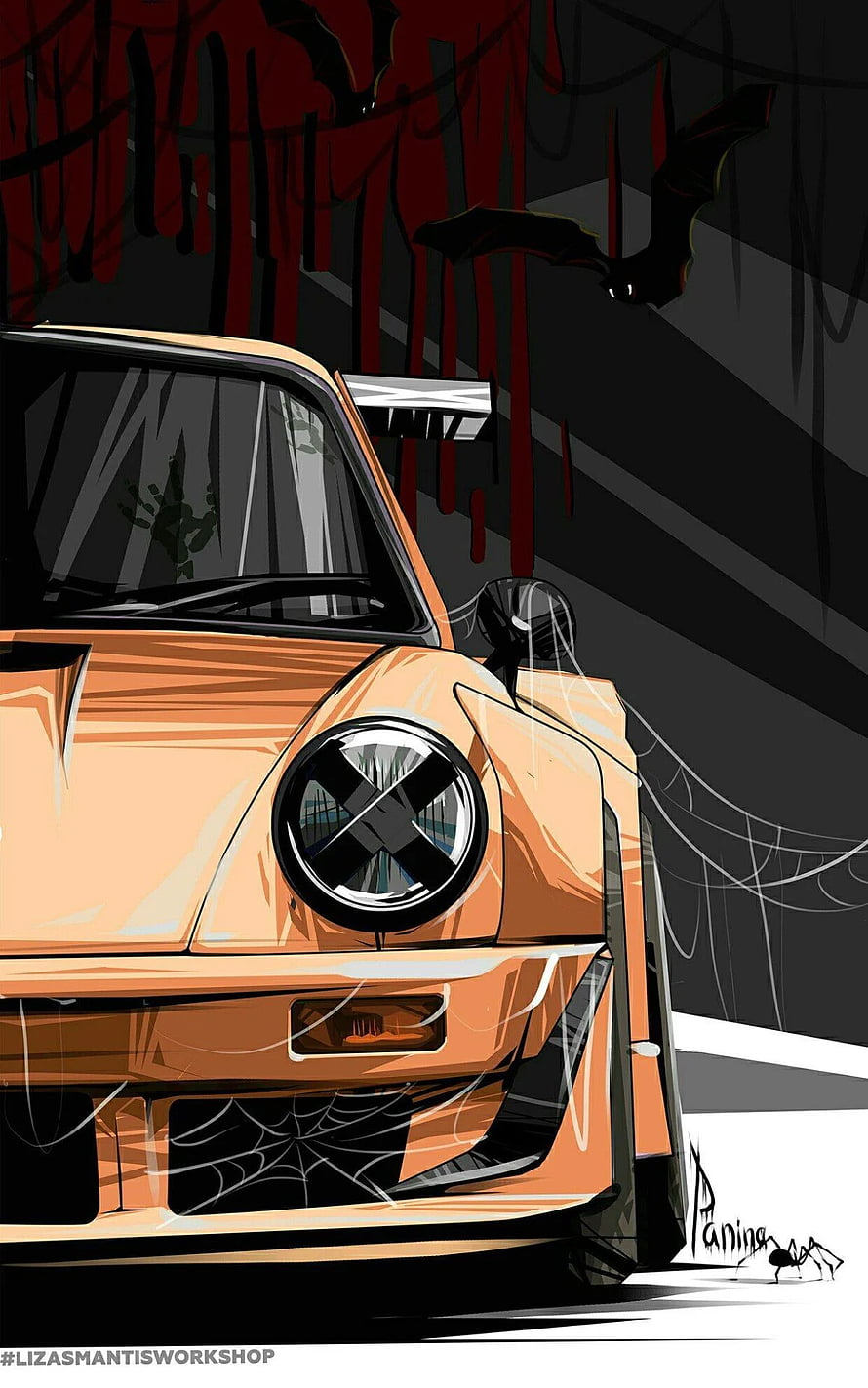 Halloween Porsche 911 Digital Art with Bats and Cobwebs HD phone wallpaper