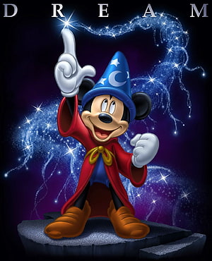 Sorcerer Mickey Mouse casting a spell with magical stars and sparkles in a fantasy wizard costume HD phone wallpaper