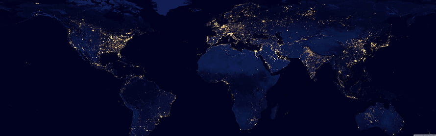World Map at Night with City Lights from Space HD wallpaper