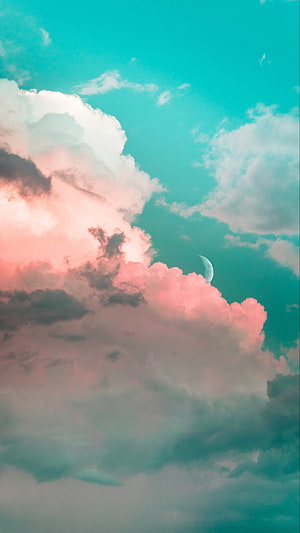 Pink and Teal Clouds with Crescent Moon in Pastel Sky HD phone wallpaper