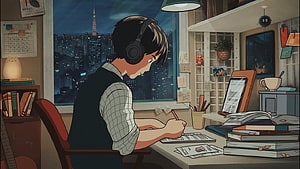 Anime Boy Studying Late At Night With Headphones And City View HD wallpaper
