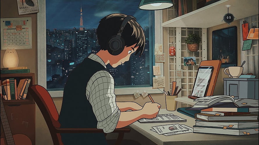 Anime Boy Studying Late At Night With Headphones And City View HD wallpaper