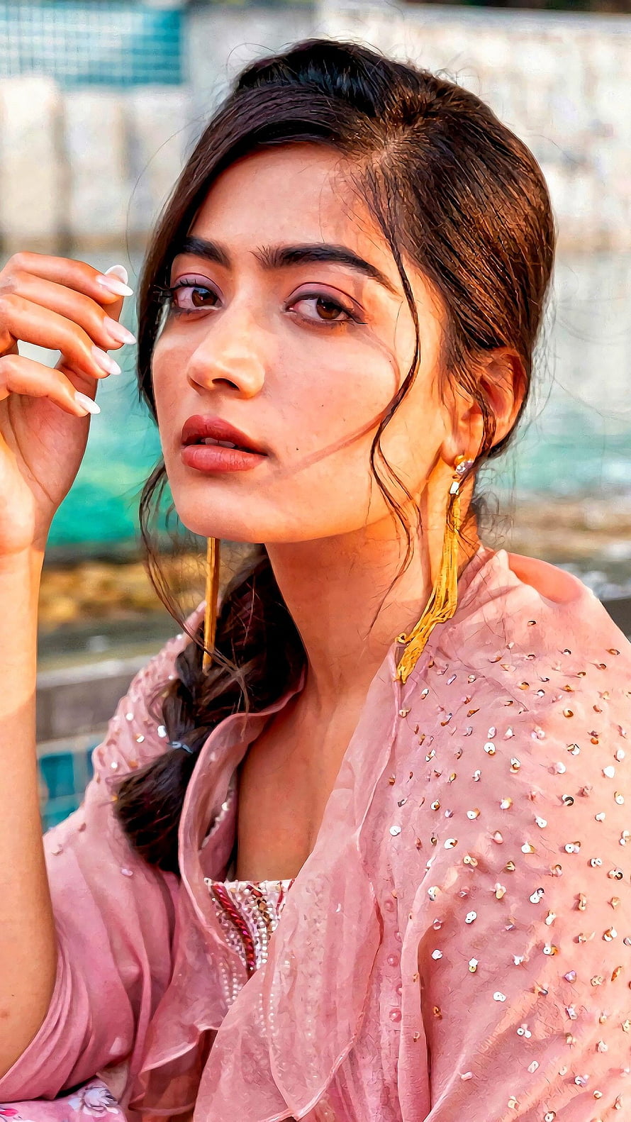 Rashmika Mandanna in a Pink Embellished Outfit with Gold Earrings HD phone wallpaper