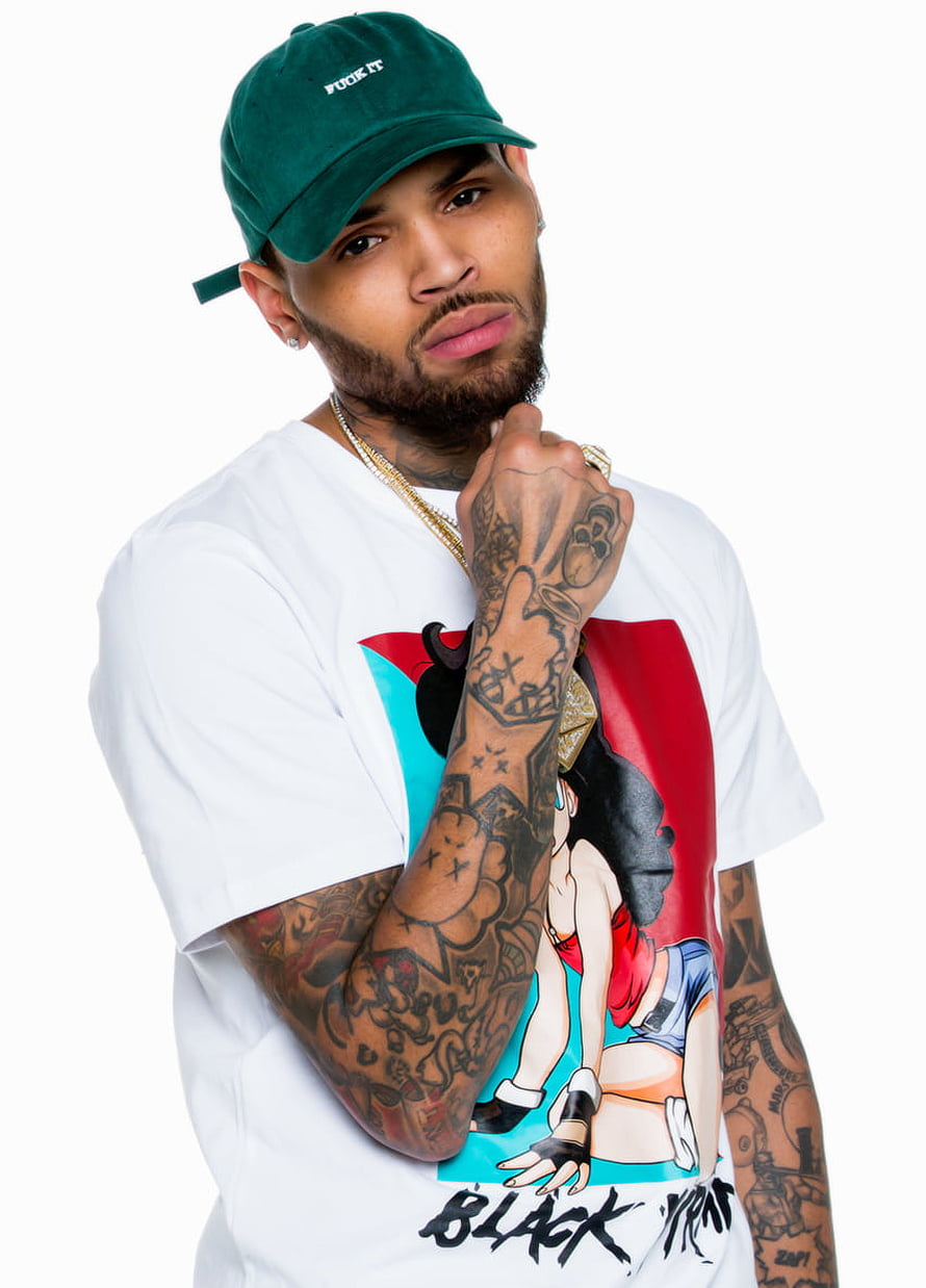 Chris Brown in Green Cap and Graphic Tee with Visible Tattoos HD phone wallpaper