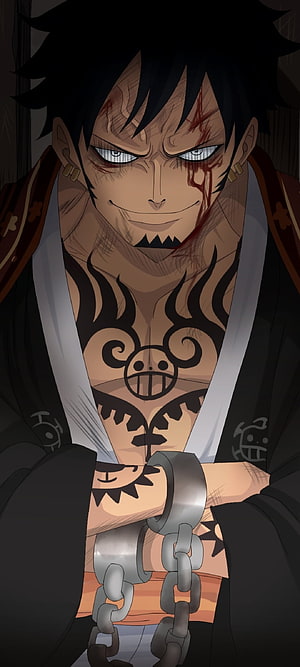 Trafalgar Law from One Piece with chest tattoos and chains in dark anime style HD phone wallpaper
