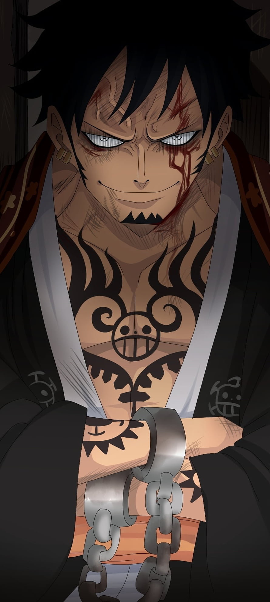Trafalgar Law from One Piece with chest tattoos and chains in dark anime style HD phone wallpaper