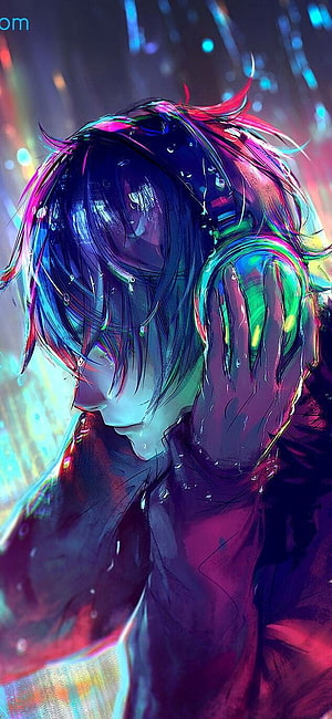 Anime Boy With Headphones In Neon Rain HD phone wallpaper