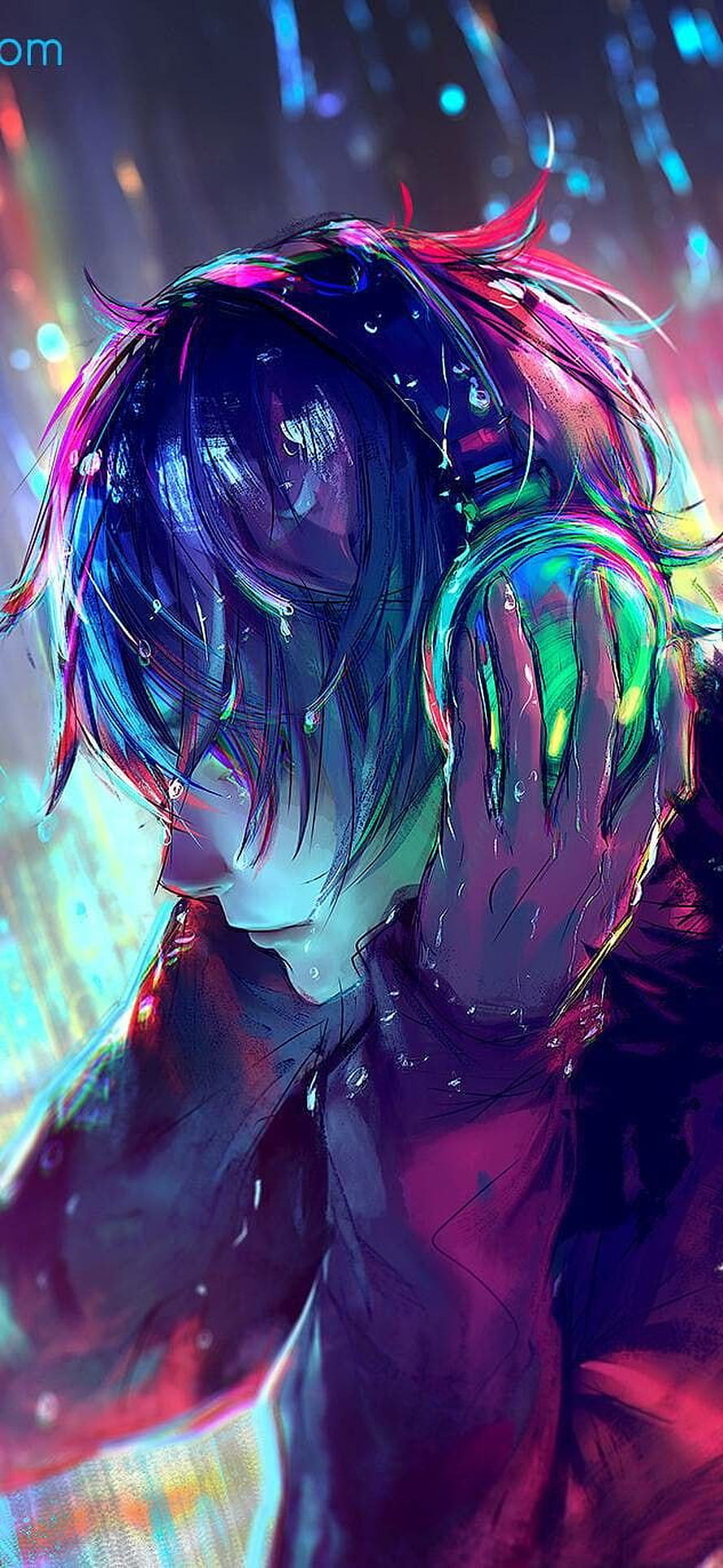 Anime Boy With Headphones In Neon Rain HD phone wallpaper