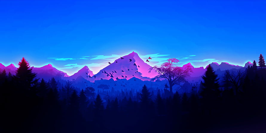 Vaporwave Mountain Landscape with Neon Purple Peaks and Dark Forest Silhouettes HD wallpaper