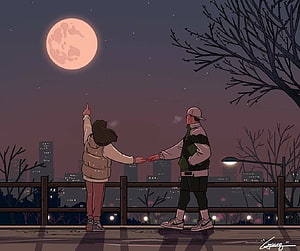 Couple Holding Hands Under Giant Moon City Night Illustration HD wallpaper