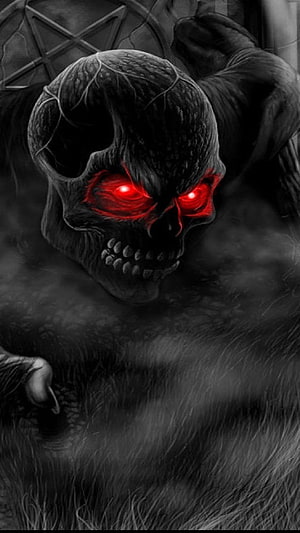 Dark Fantasy Skull With Glowing Red Eyes And Pentagram Background HD phone wallpaper