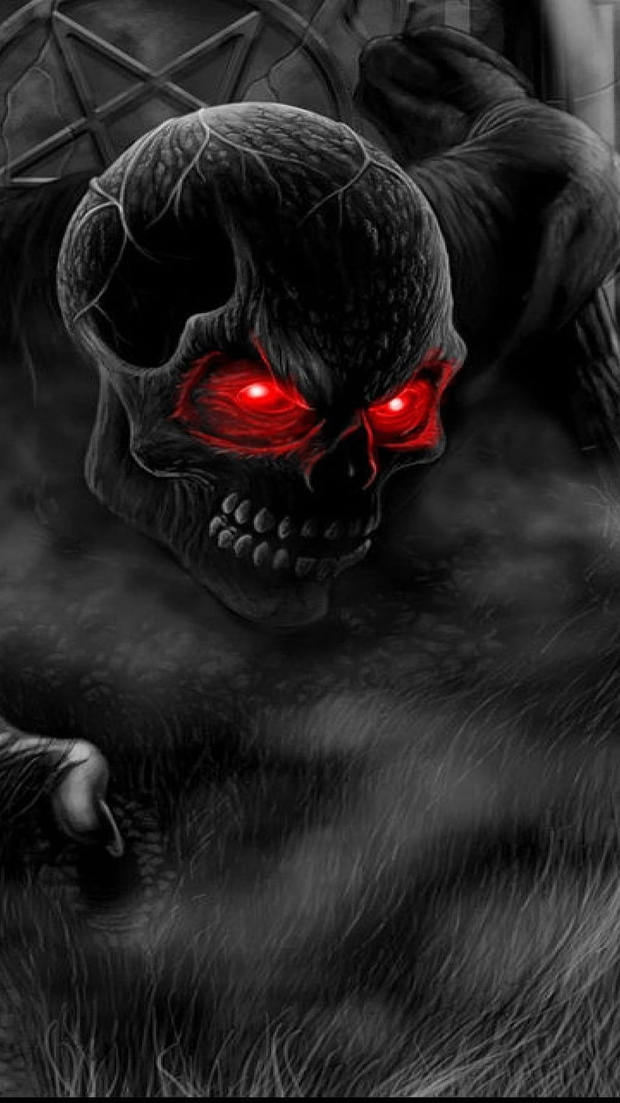 Dark Fantasy Skull With Glowing Red Eyes And Pentagram Background HD phone wallpaper