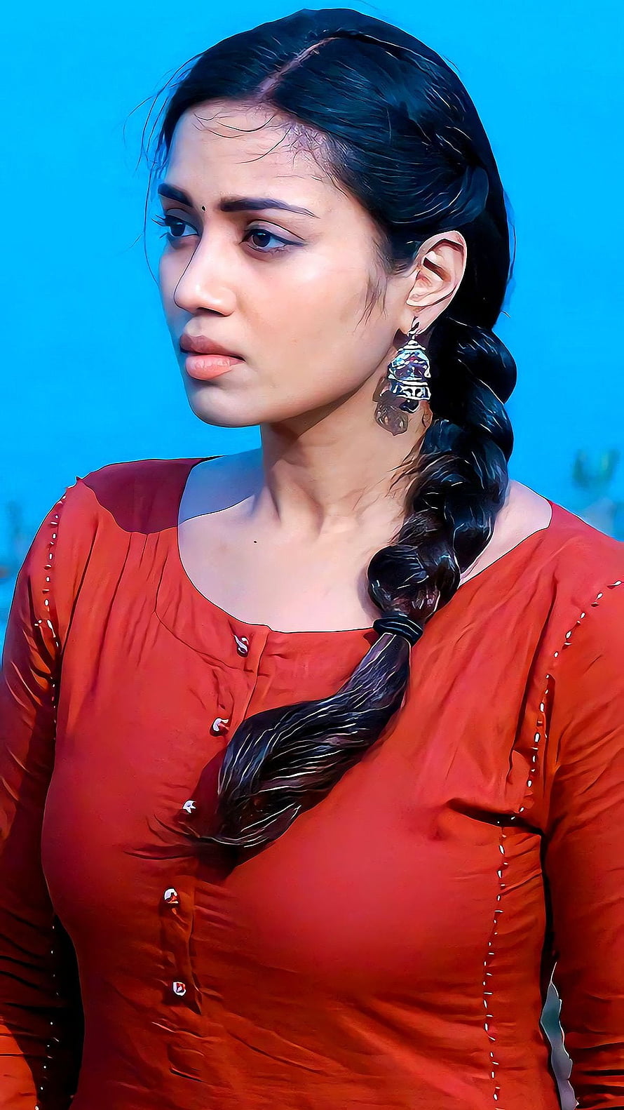 Woman in Red Top with Braided Hair and Traditional Earrings, Nivetha pethuraj, tamil actress HD phone wallpaper