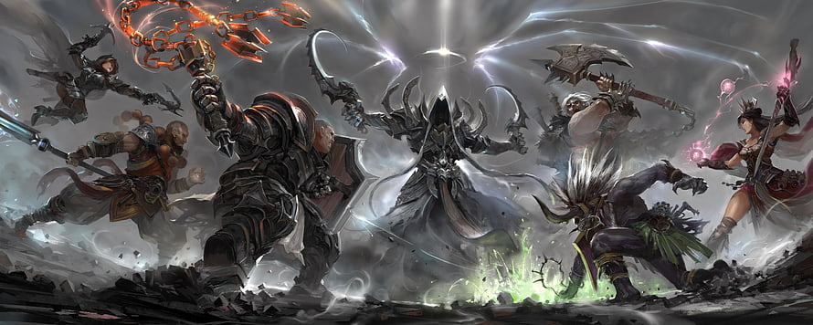 Epic Fantasy Battle Scene With Warriors And Dark Mage HD wallpaper