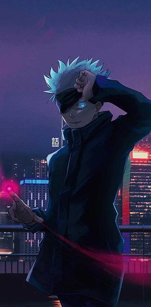 Gojo Satoru Anime Character on Rooftop with Neon City Skyline at Night HD phone wallpaper