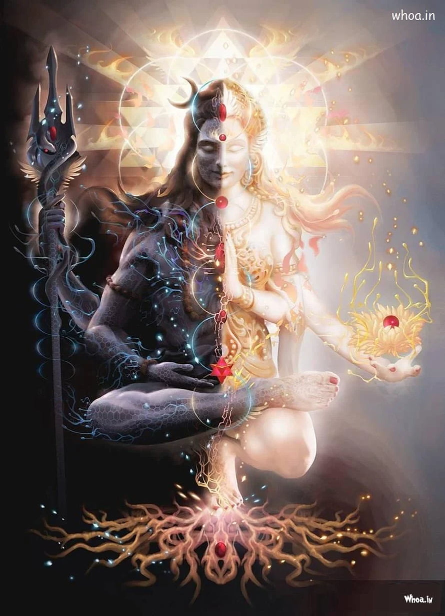 Divine Shiva Duality Artwork Featuring Light and Dark Aspects with Trishul and Lotus HD phone wallpaper