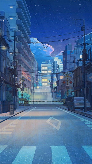 Anime Style Night City Street With Starry Sky And Railway Crossing HD phone wallpaper
