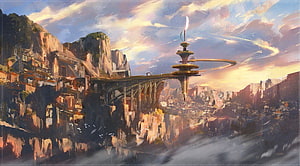 Fantasy Concept Art of a Cliffside City with a Floating Spire and Bridge HD wallpaper