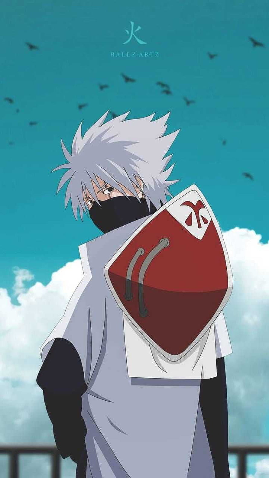 Kakashi Hatake from Naruto Anime Standing with Konoha Headband and Blue Sky Background HD phone wallpaper