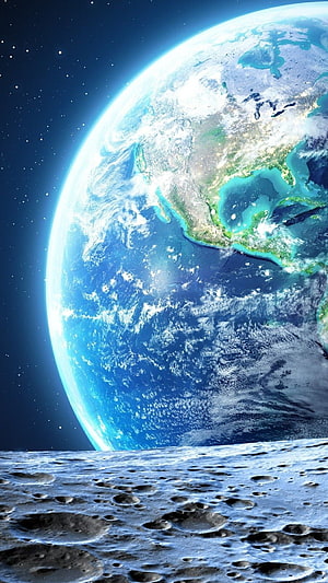 Earth Rising Over The Moon Surface - Stunning Space View Of Planet Earth From Lunar Craters HD phone wallpaper