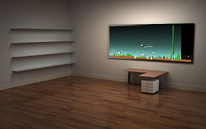 Minimalist Gaming Room Interior With Terraria Screen And Wooden Floor HD wallpaper