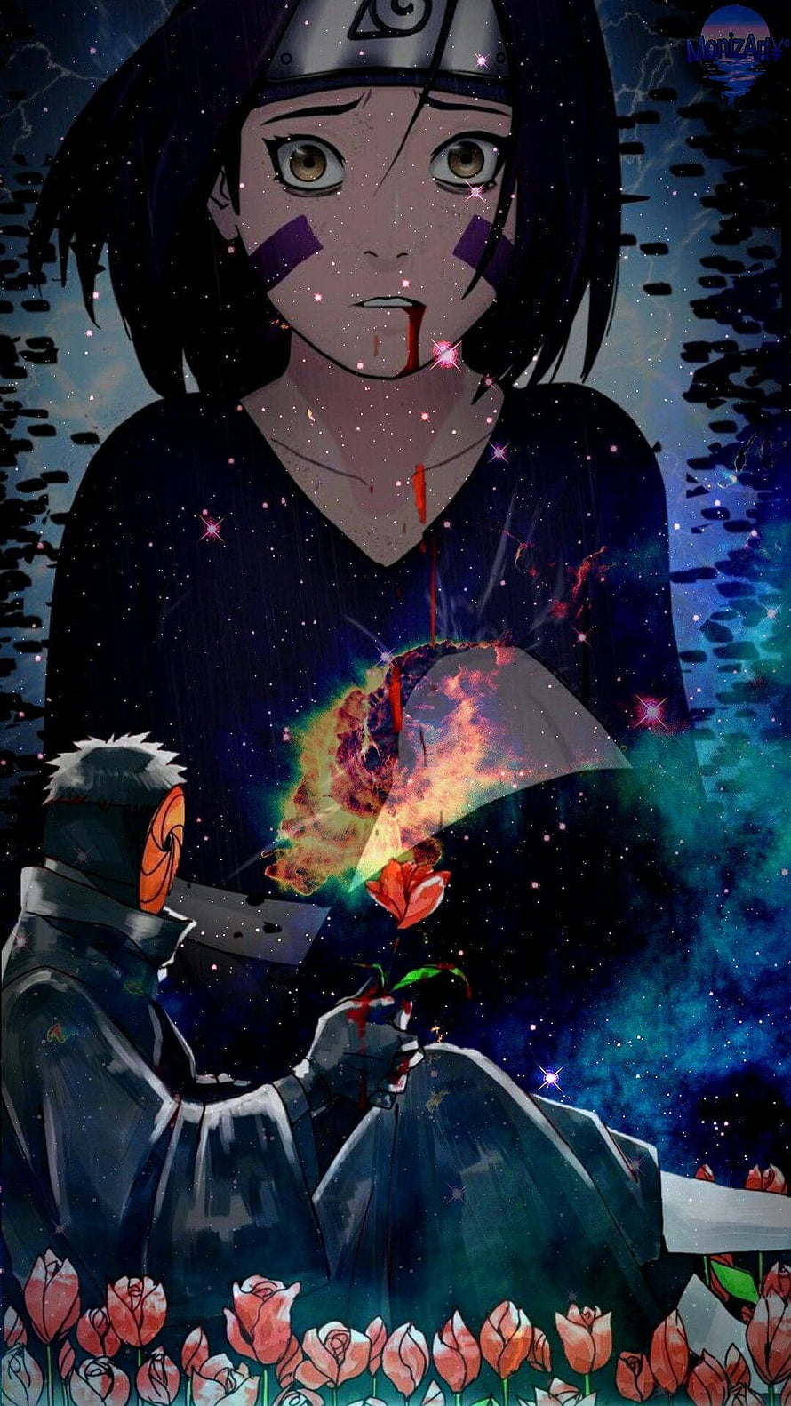 Itachi Uchiha Offering a Rose to a Bleeding Hinata Hyuga in a Starry Night Scene HD phone wallpaper