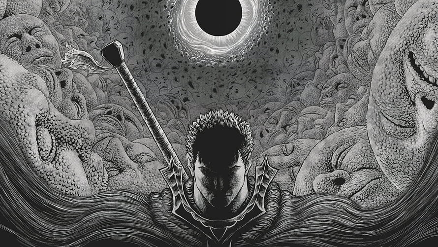 Guts from Berserk wielding Dragon Slayer sword amidst sea of faces and eclipse HD wallpaper