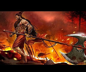 Parashuram warrior illustration with battle axe amid fiery battlefield HD wallpaper
