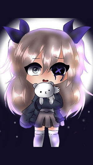 Gacha Life Chibi Girl With Silver Hair And Purple Bows Holding A White Bear HD phone wallpaper