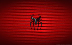 Spider-Man Black Spider Logo on Red Perforated Metal Background, Spider-Man black logo, minimal, Spider-Man logo, red backgrounds, Spiderman, superheroes, Spider-Man 3D logo, Spider-Man minimalism, Spider-Man HD wallpaper