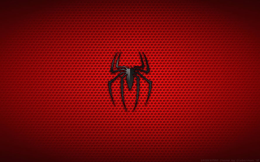 Spider-Man Black Spider Logo on Red Perforated Metal Background, Spider-Man black logo, minimal, Spider-Man logo, red backgrounds, Spiderman, superheroes, Spider-Man 3D logo, Spider-Man minimalism, Spider-Man HD wallpaper