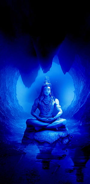 Lord Shiva Meditating in a Dark Blue Cave with Ethereal Glow HD phone wallpaper