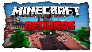 Minecraft Bedwars Gameplay Scene With Blocky Arena and Bold Title Text HD wallpaper